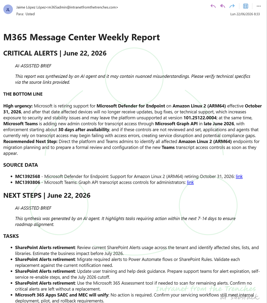Example screenshot of the M365 Announcements Summary AI-generated report